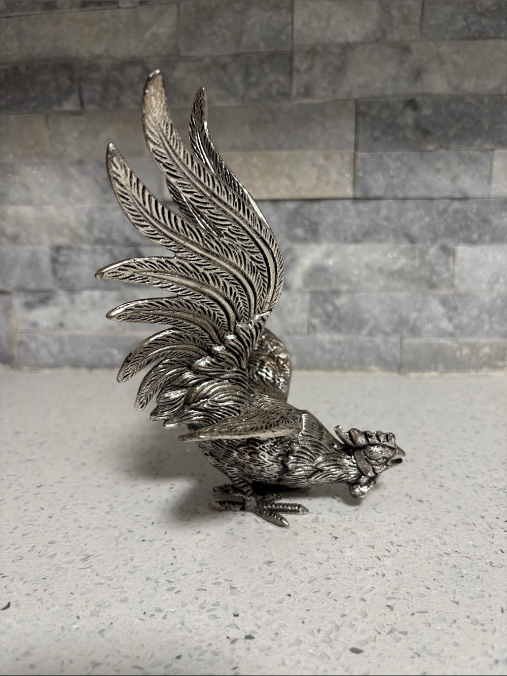 Silver Tone Metal Fighting Rooster Figurine Decorative Accent Fowl